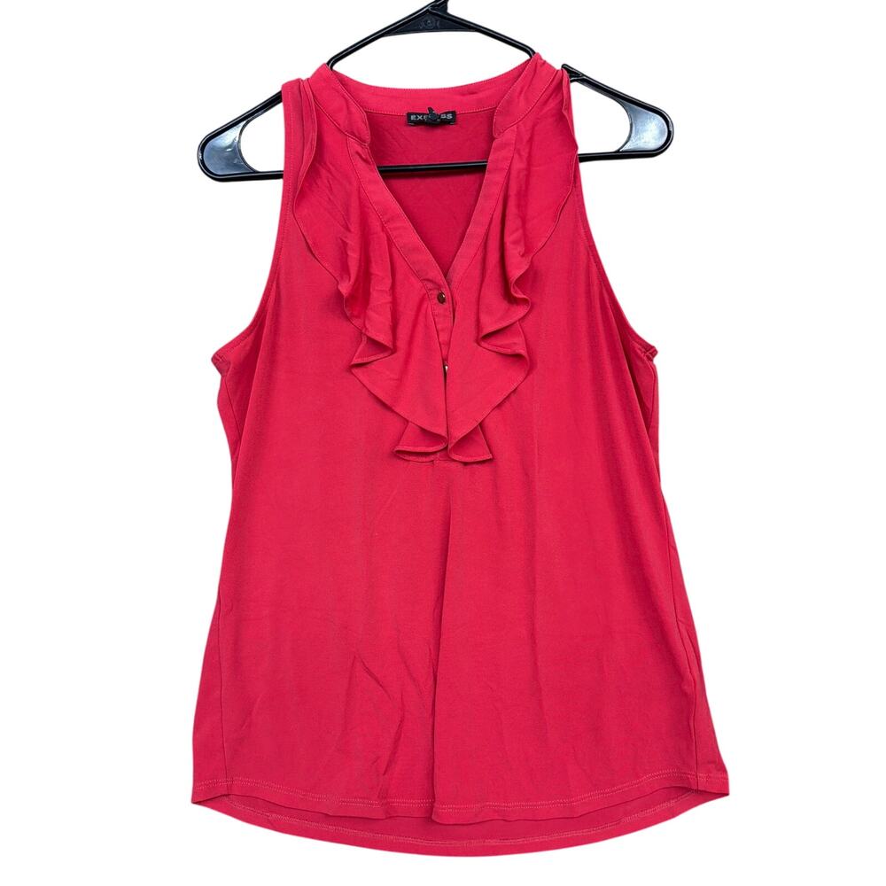 Express Womens Blouse Red V Neck Front Ruffles Sleeveless Stretch Small